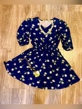 Girls Navy Floral Daisy Smocked Waist Dress